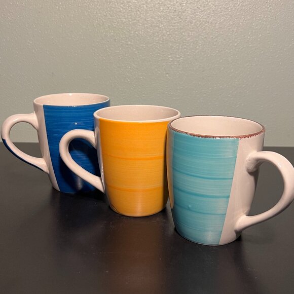 Set of 3 ROYAL NORFOLK Stoneware Mugs ~ Blue, Yellow & Aqua ~ Greenbrier - Picture 2 of 14